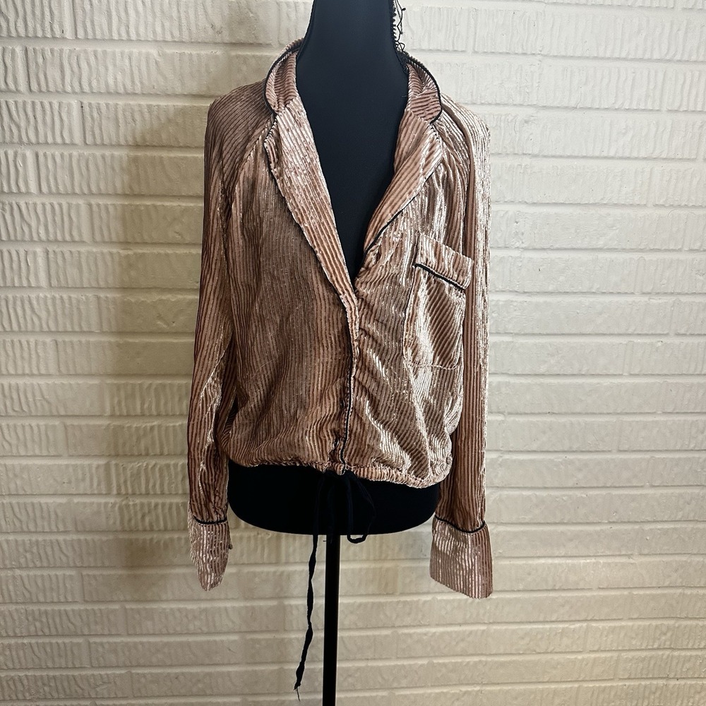 Free People Button Down Velvet Top Womens Medium Aspen Nights Dusty Rose Cropped